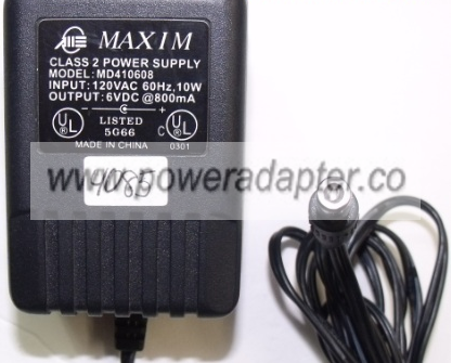 MAXIM MD410608 AC ADAPTER 6VDC 800mA Used 3.1x5.5mm round barrel